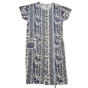 Chicos Design Vintage Cotton Button Front Midi Dress Blue Tribal Animal Print 2